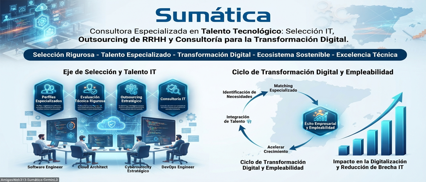 Sumática es una consultora española especializada en selección de talento tecnológico, outsourcing de R R H H y servicios de consultoría I T , Profesionales Estudios Titulos Técnologo Técnologa Información Data Web Plataforma Empresa Formativa Educativa Ocupaciones Trabajos Dedicaciones